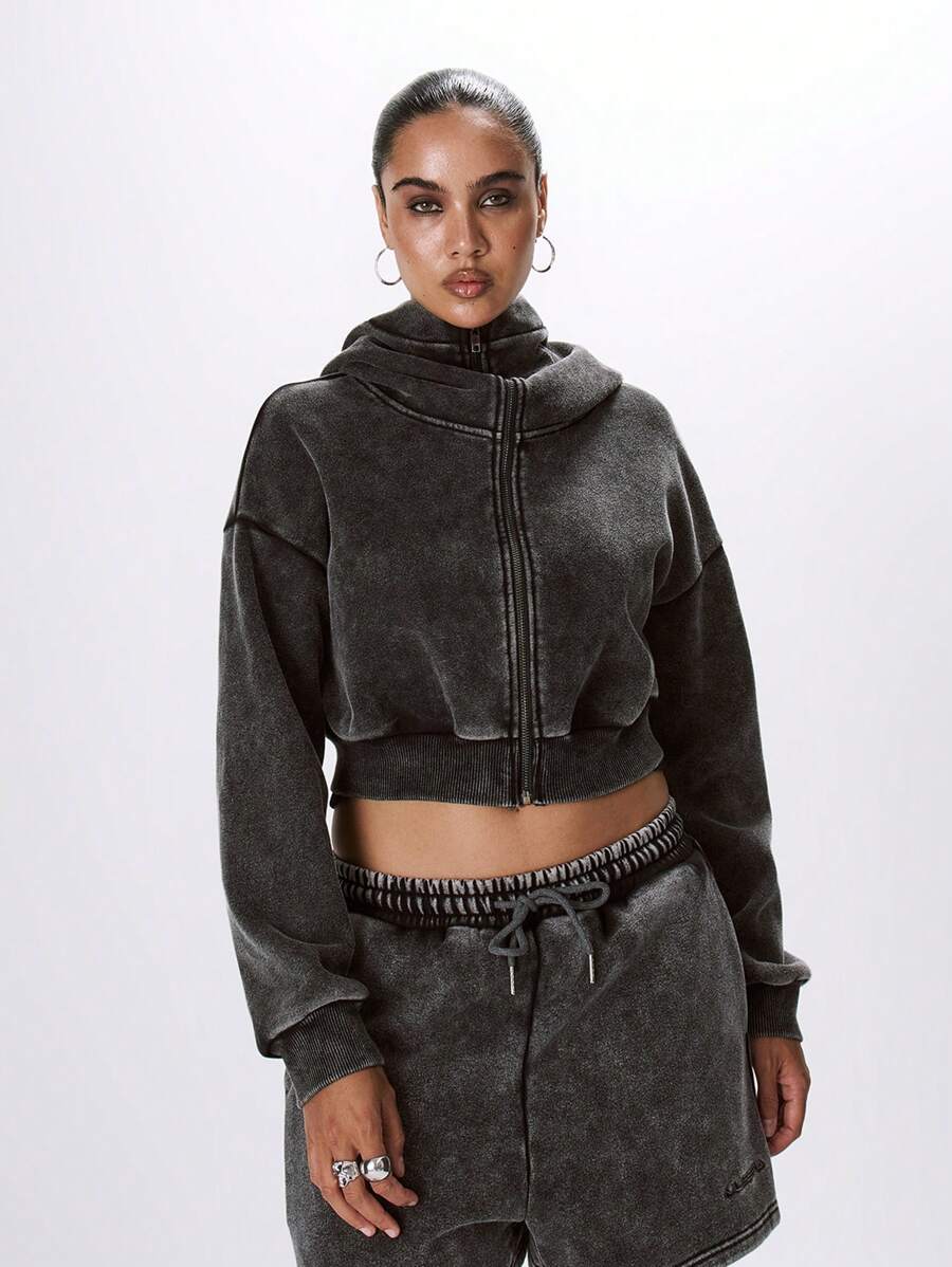 MUSERA Washed Extreme High Neck Cropped Zip Through Hoodie - Black - View 1