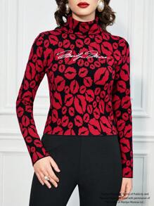 Marilyn Monroe X SHEIN Women's Letter And Lip Pattern Turtleneck Fitted Sweater - Burgundy - View 4