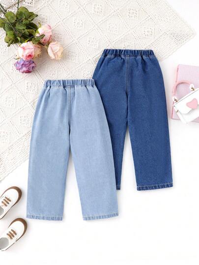 SHEIN Vintaside Kids 两件套少女舒适休闲蝴蝶结刺绣薄款牛仔裤，四季皆宜，秋冬时尚