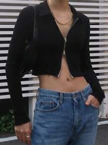 DAZY 女士短款修身T恤长袖女式上衣 - 黑色 - 查看 5