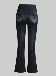 Sparklyn Tween Girls Flared Letter Printed Denim Effect Leggings - Multicolor - View 2