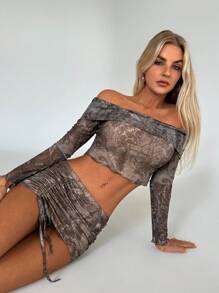 Aloruh Women's Brown Autumn Y2k Club Night Suit 2pcs Elegant Knitted Print Nomadic Wasteland Style One Shoulder Long Sleeve Top+Ultra Low Waist Pleated Skirt - Multicolor - View 7