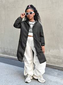 SHEIN Tween Girl Oversized Windbreaker Jacket, Hooded, Waterproof, Windproof, Printed Backside, Spring Autumn - Black - View 6