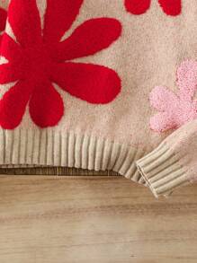 Girls Oversized Floral Pattern Sweater, 3D Flower Decor Knit Pullover - Apricot - View 6