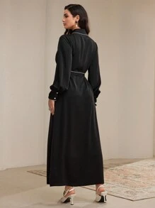 Veilorie 女士拼色饰边前纽扣系带优雅长袖连衣裙 - 黑與白 - 查看 7