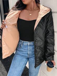 SHEIN LUNE Color Block Hooded Zip-Up Padded Warm Short Padded Coat Plus Size Winter Clothes - Multicolor - View 7