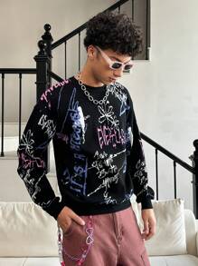 Manfinity Roghcode Men's Letter & Graphic Print Crew Neck Long Sleeve Sweater - Multicolor - View 6