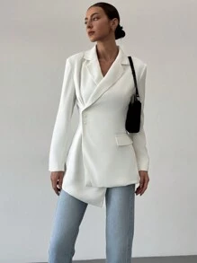 Aloruh New White Garibaldi Cinched Waist Asymmetric Hem Elegant Women Blazer - White - View 4
