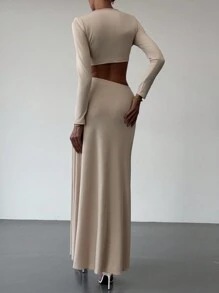 Aloruh 2 chiếc/bộ Áo thun co giãn họa tiết hoa 3D mới & Chân váy midi chữ A trang phục thường ngày thu đông - màu nâu - Xem 2