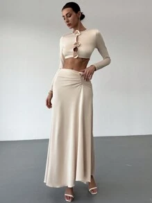 Aloruh 2 chiếc/bộ Áo thun co giãn họa tiết hoa 3D mới & Chân váy midi chữ A trang phục thường ngày thu đông - màu nâu - Xem 3