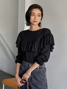 FRIFUL 女款純色圓領長袖休閒拼接荷葉邊校園風T恤 - 黑色 - 查看 4