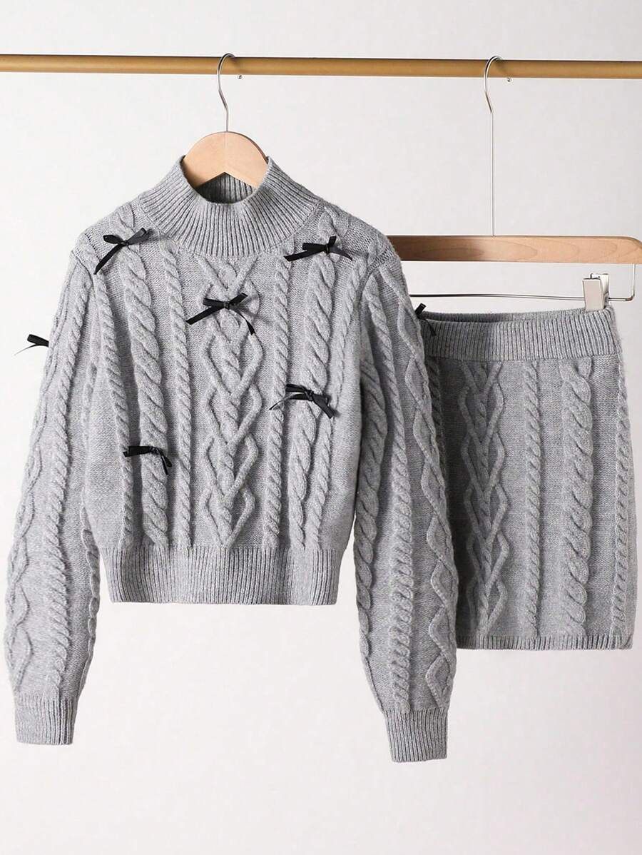 青少年女孩蝴蝶结装饰长袖毛衣和针织裙休闲装，秋冬季 - 灰色 - 查看 1