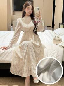 DAZY 女士长款蕾丝边保暖衬里白色连衣裙，秋季连衣裙长袖连衣裙婚礼女士连衣裙 - 米色 - 查看 9
