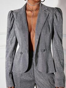 SHEIN SXY Áo khoác Blazer thanh lịch tay bồng cổ bẻ đính sequin cỡ lớn cho nữ, mùa thu - Bạc - Xem 3