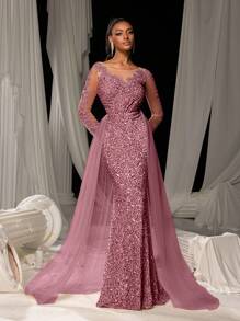 Elisanya 优雅亮片美人鱼尾礼服，带花卉刺绣和飘逸薄纱拖尾 | 奢华晚礼服，适合黑色领带晚会、婚礼派对礼服、婚礼宾客礼服、正式礼服 - 藕粉色 - 查看 2