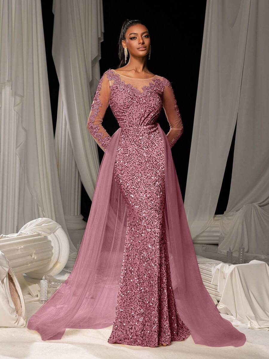 Elisanya 优雅亮片美人鱼尾礼服，带花卉刺绣和飘逸薄纱拖尾 | 奢华晚礼服，适合黑色领带晚会、婚礼派对礼服、婚礼宾客礼服、正式礼服