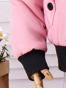 SHEIN Winter Pink Zipper Detachable Collar Pocket Warm Girl Short Windbreaker Fashionable Children Jacket - Pink - View 3