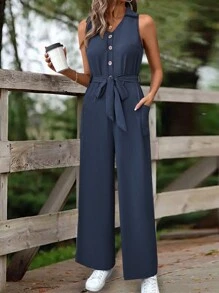 EMERY ROSE Shirt Collar Half-Buttoned Jumpsuit - Navy Blue - View 3