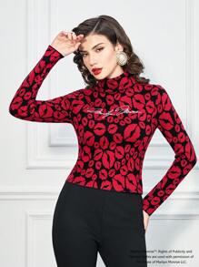 Marilyn Monroe X SHEIN Women's Letter And Lip Pattern Turtleneck Fitted Sweater - Burgundy - View 5