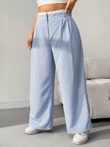 SHEIN EZwear Pantalones rectos con cintura a rayas azules y blancas en talla grande