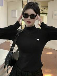 DAZY 纯色前拉链长袖修身 T 恤，女士休闲日常高领衫 - 黑色 - 查看 3