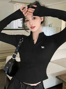 DAZY 纯色前拉链长袖修身 T 恤，女士休闲日常高领衫 - 黑色 - 查看 4