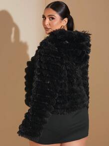 SHEIN BAE 大码女装秋冬优雅派对约会时尚超级百搭纯色黑色长袖皮草时尚仙女性感保暖连帽皮草大衣毛绒大衣加前毛绒大衣 - 黑色 - 查看 3