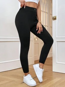 SHEIN Essnce 大码女士秋冬羊毛紧身裤，黑色紧身裤，女士紧身裤，2 个口袋秋季裤子，带口袋的紧身裤秋季女士服装冬季裤子 - 黑色 - 查看 4