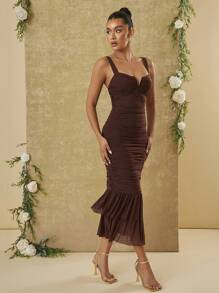 Hauture V Neck Ruched Mesh Sleeveless Dress - Coffee Brown - View 6