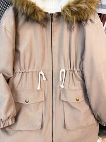 Abrigo medio holgado y cómodo de color beige para niña preadolescente, con capucha forrada y peludo cuello con bolsillos, abrigado para otoño e invierno