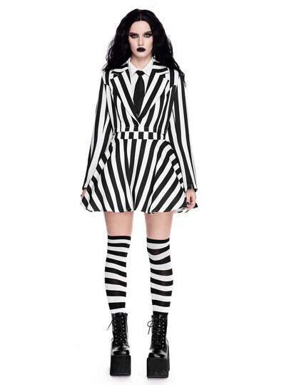 ROMWE Avant 3pcs/Set Halloween Cosplay Costume: Striped Print Long Sleeve Jacket + Mini Skirt + Solid Color Top