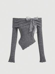 SHEIN MOD 女士露肩蝴蝶结长袖T恤上衣，返校季，可爱上衣，秋季上衣，学院风上衣 - 藏蓝色 - 查看 1