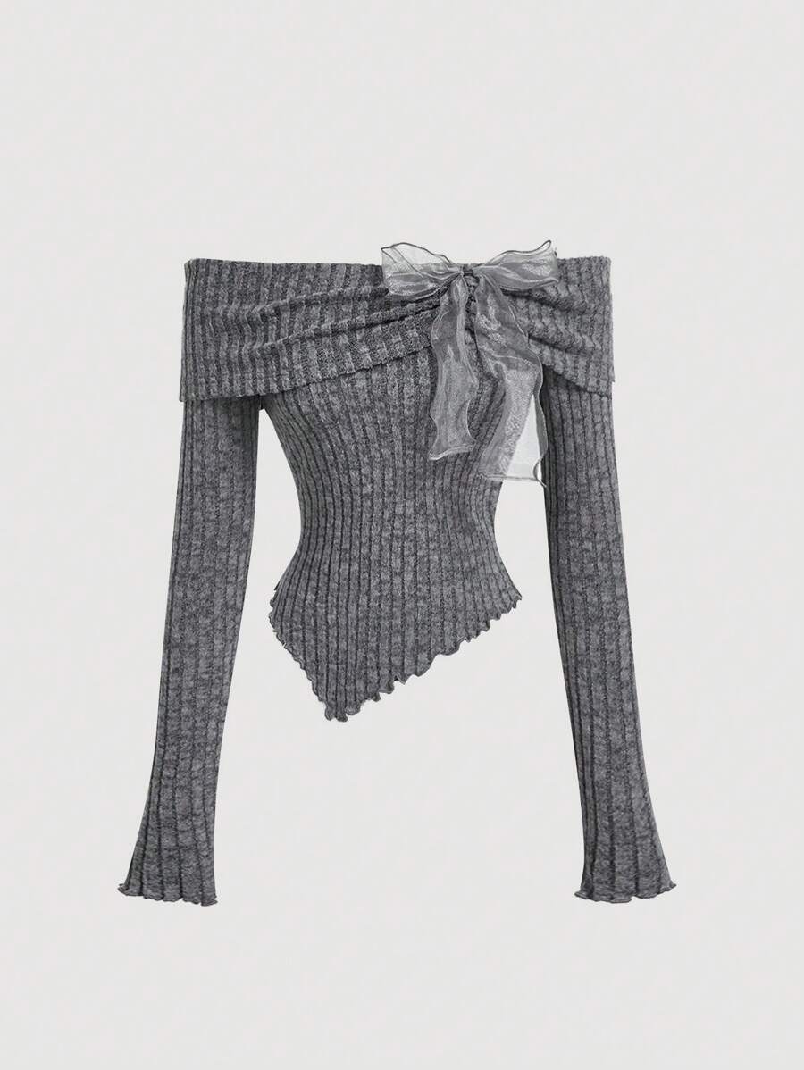 SHEIN MOD 女士露肩蝴蝶结长袖T恤上衣，返校季，可爱上衣，秋季上衣，学院风上衣 - 藏蓝色 - 查看 1