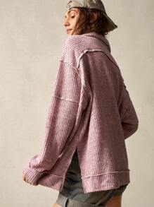 Bohemela Áo thun dài tay Maxi dệt kim màu trơn có khóa kéo phía trước dành cho nữ - Bụi hồng - Xem 4