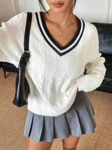 Muchica V 领长袖条纹印花毛衣 - 杏色 - 查看 5