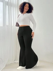 SHEIN EZwear Plus Size Women Black Flare Leg Casual Pants - Black - View 3
