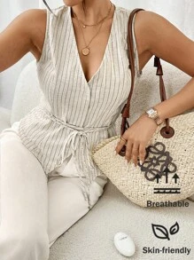 SHEIN Frenchy 女士纯色系带简约条纹衬衫，休闲日常穿着 - 杏色 - 查看 1