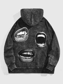 ROMWE MEN Men's Lip Print Hooded Long Sleeve Sweatshirt - Black - View 2