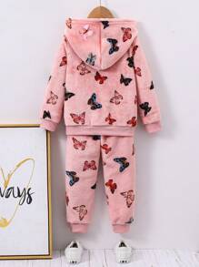 Elladie kids 2 件套年轻女孩蝴蝶印花羊毛连帽衫和裤子休闲装，秋冬 - 杏色 - 查看 2