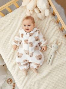 SHEIN Newborn Baby Boy Cute Cartoon Hooded Plush Jumpsuit Suitable For Autumn And Winter Home & Outdoor Wear