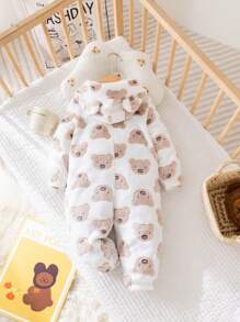 SHEIN Newborn Baby Boy Cute Cartoon Hooded Plush Jumpsuit Suitable For Autumn And Winter Home & Outdoor Wear
