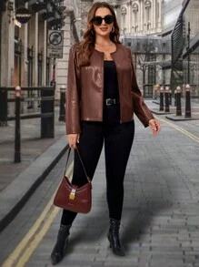 SHEIN Clasi 大码女式纯色 PU 皮革长袖优雅短夹克，春/秋 - 棕色 - 查看 3