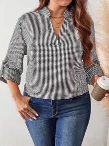SHEIN LUNE 大码V领长袖纽扣装饰休闲衬衫女式上衣纽扣女式衬衫格子女式衬衫秋季商务休闲女式工作衬衫商务衬衫假日 - 黑與白 - 查看 6