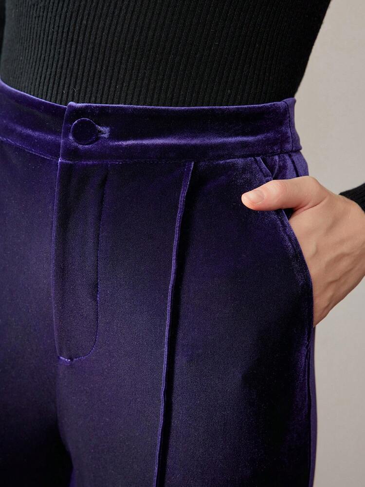 VELVET SOLID SLANT POCKET SEAM FRONT SUIT PANTS