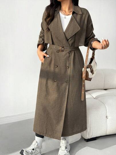SHEIN EZwear Plus Size Retro Plaid Long Trench Coat