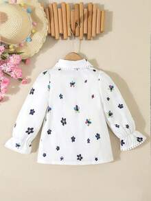 女孩花卉印花拼布荷叶边休闲优雅衬衫，春秋冬 - 白色 - 查看 2