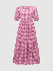 Breezaya 夏季休闲格子圆领泡泡袖连衣裙 - 玫紅色 - 查看 1