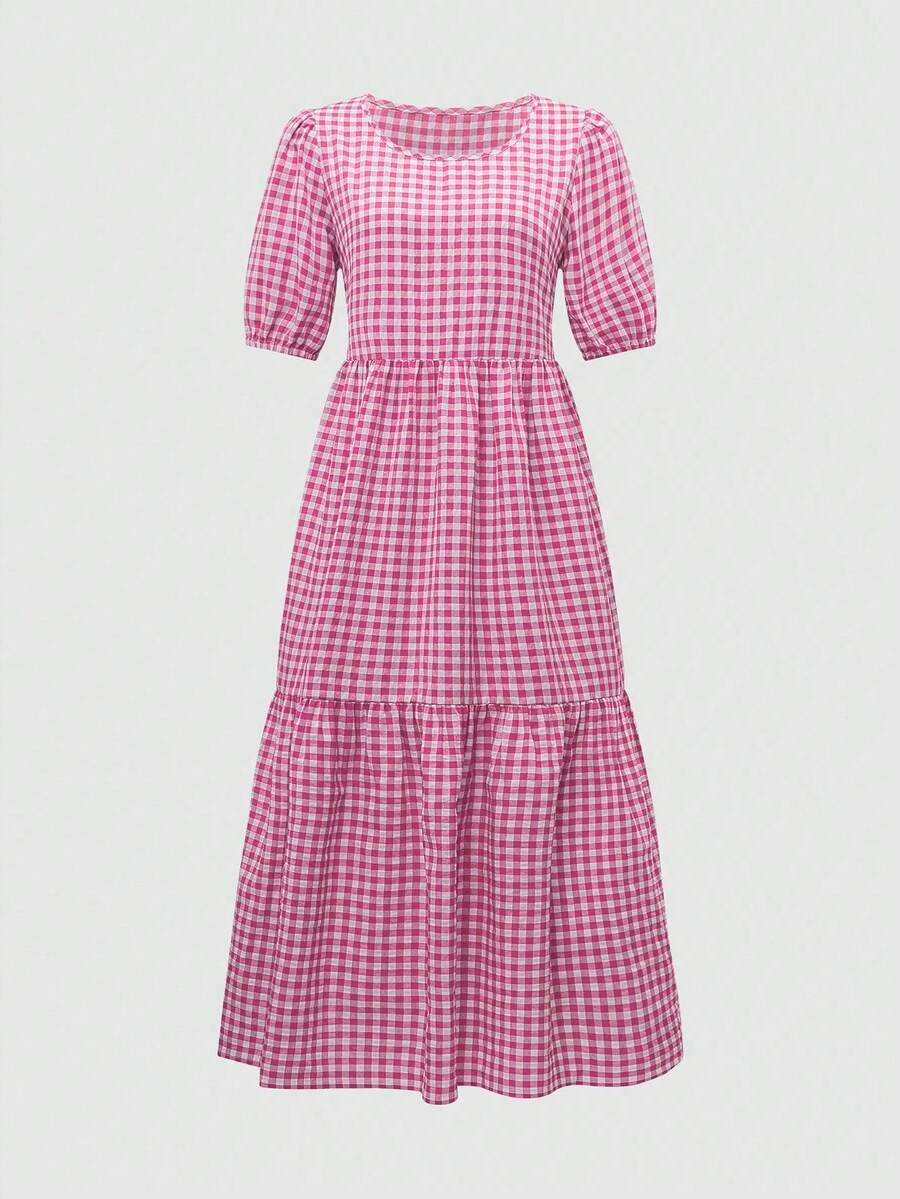 Breezaya 夏季休闲格子圆领泡泡袖连衣裙 - 玫紅色 - 查看 1