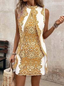 Breezaya 女士度假休闲复古印花二合一连衣裙 - 黃色 - 查看 1