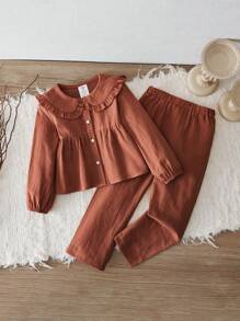 SHEIN Vintaside Kids 2pcs/Set Girls Casual Collared Top And Pants Set, Brown, Countryside Style, Cotton Material, Suitable For Autumn And Winter